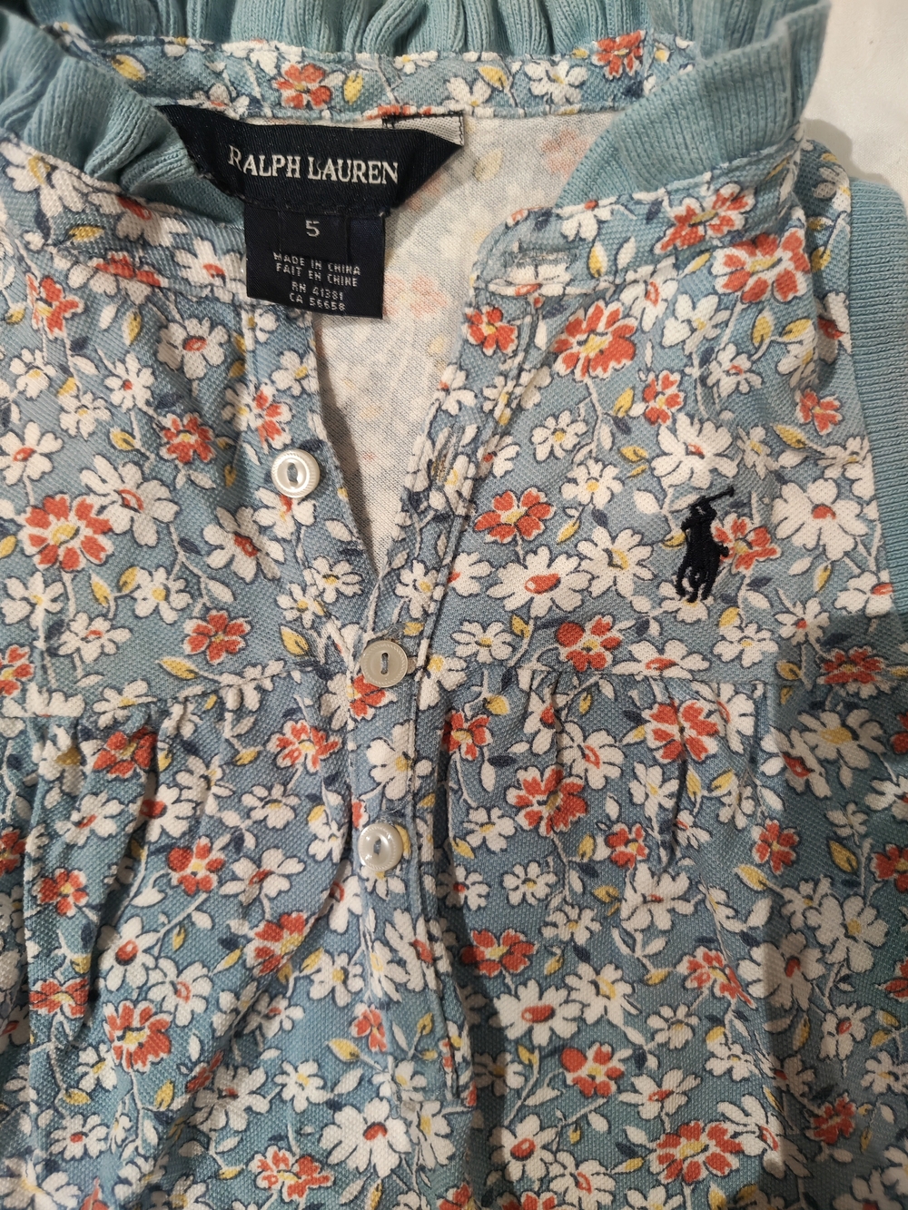 Ralph Lauren Floral Button Front Top - Light Blue with White & Coral Flowers